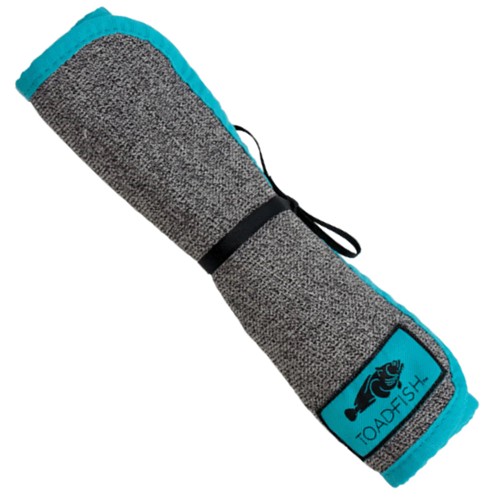 Rolled gray cloth with blue trim and Toadfish logo on a white background.