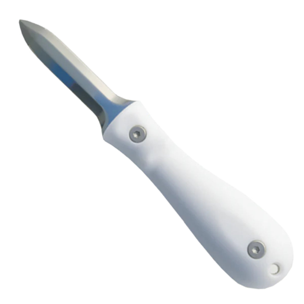 A under side photo of a small oyster knife with a white handle and metallic blade on a white background.