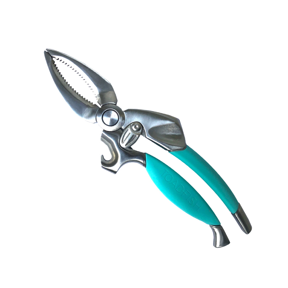 Teal handled crab claw cutter on a white backround. 