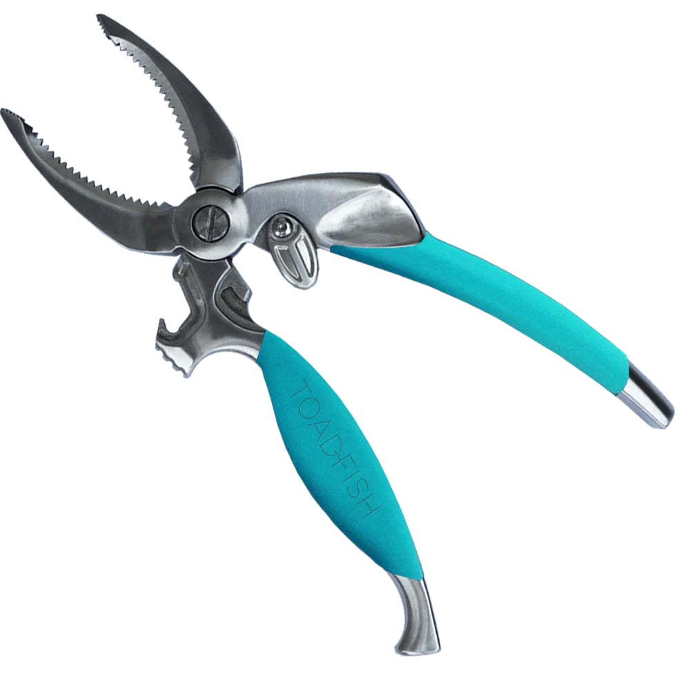 Teal handled crab claw cutter with opened cutter on a white backround. 