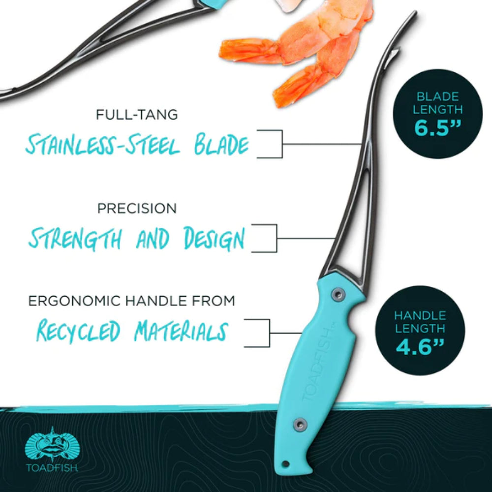 Info sheet on the toadfish shrimp cleaner tool with turquoise handle on a white backround. 