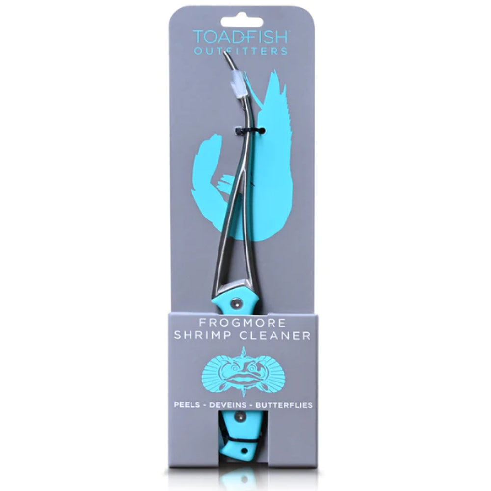 Toadfish shrimp cleaner tool with turquoise handle on package card on a white backround.