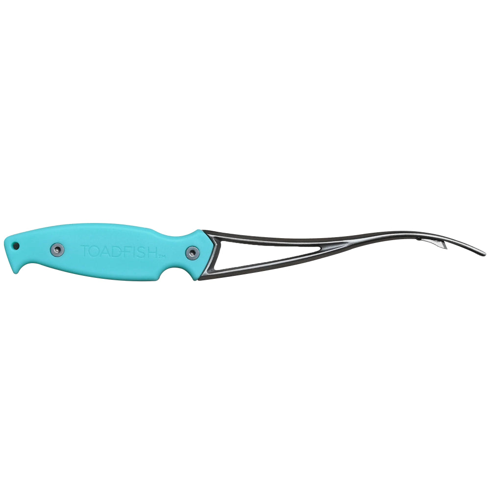 A side of the toadfish shrimp cleaner tool with turquoise handle on a white backround. 