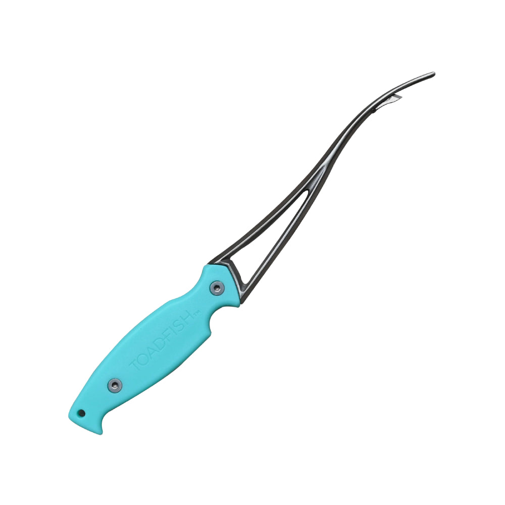 Toadfish shrimp cleaner tool with turquoise handle on a white backround. 