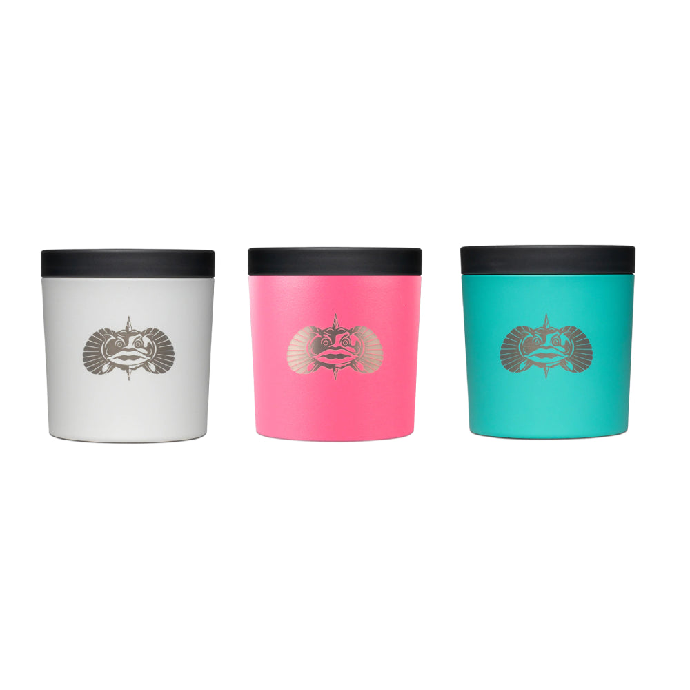 Three non-tipping cup holders white, pink, and teal with black tops on a white background.