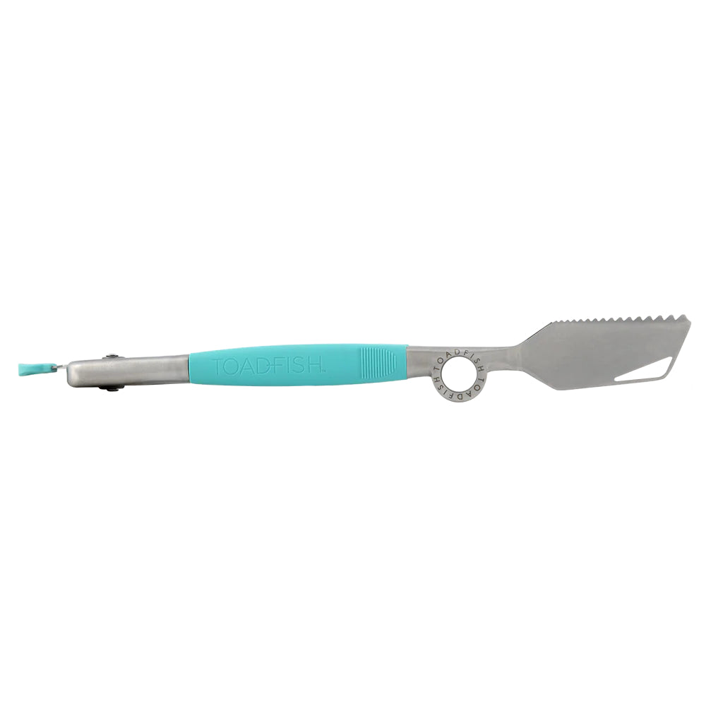Toadfish Ultimate Grill Tongs with turquoise handles on a white background.