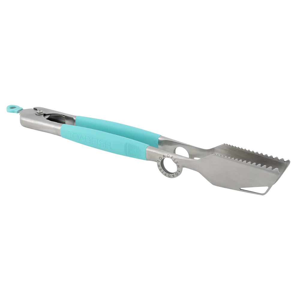 Angled side photo of Toadfish Ultimate Grill Tongs with turquoise handles on a white background.