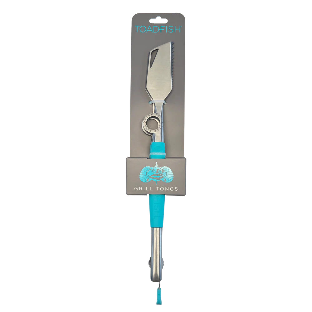 Grill tongs with turquoise handles and packaging displaying 'Toadfish' brand logo on a white background.