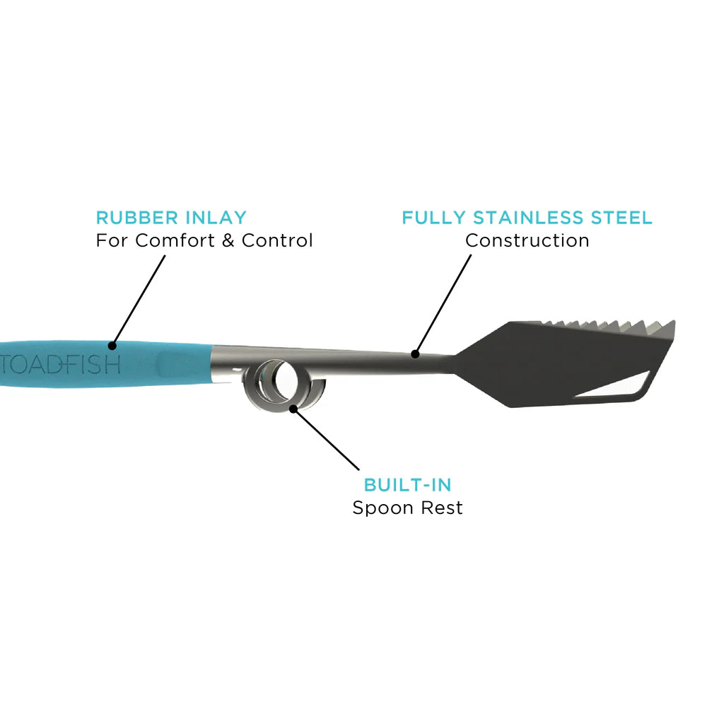 Toadfish Ultimate Grill Tongs with turquoise handles with labeled features on a white background.