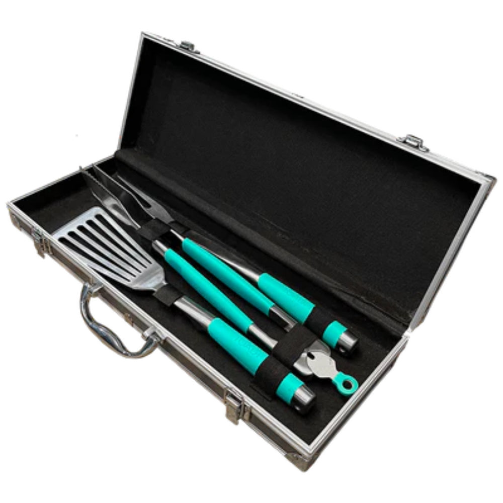 Barbecue tool set with turquoise handles in a metal case on a white background.