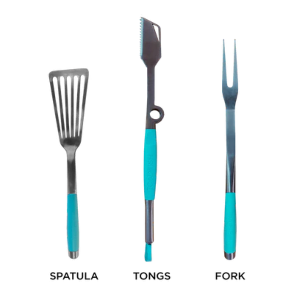Set of three kitchen utensils labeled 'Spatula', 'Tongs', and 'Fork' with turquoise handles on a white background.