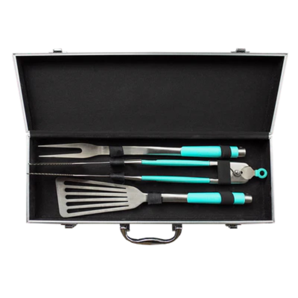 Set of barbecue tools with turquoise handles in a black case on a white background.