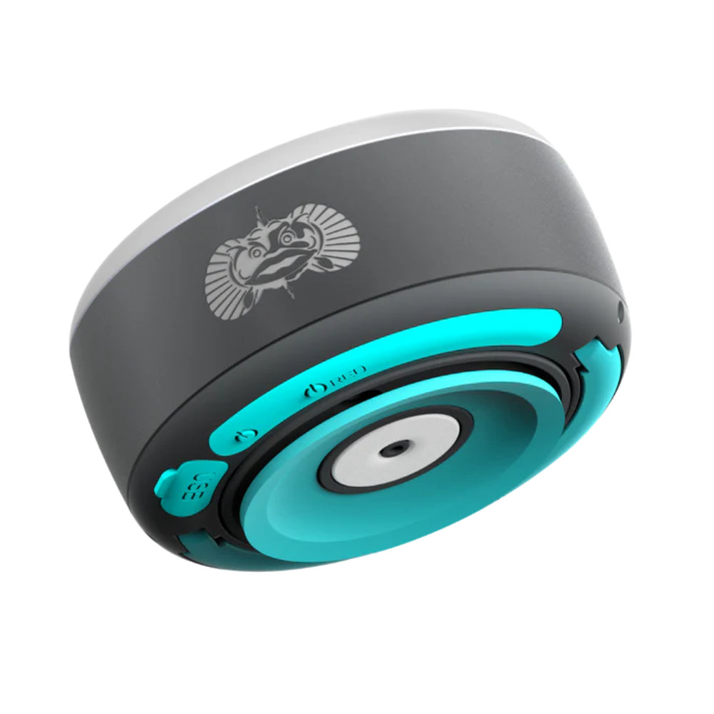 Black and teal round electronic LED lighting  device with a logo on a white background.