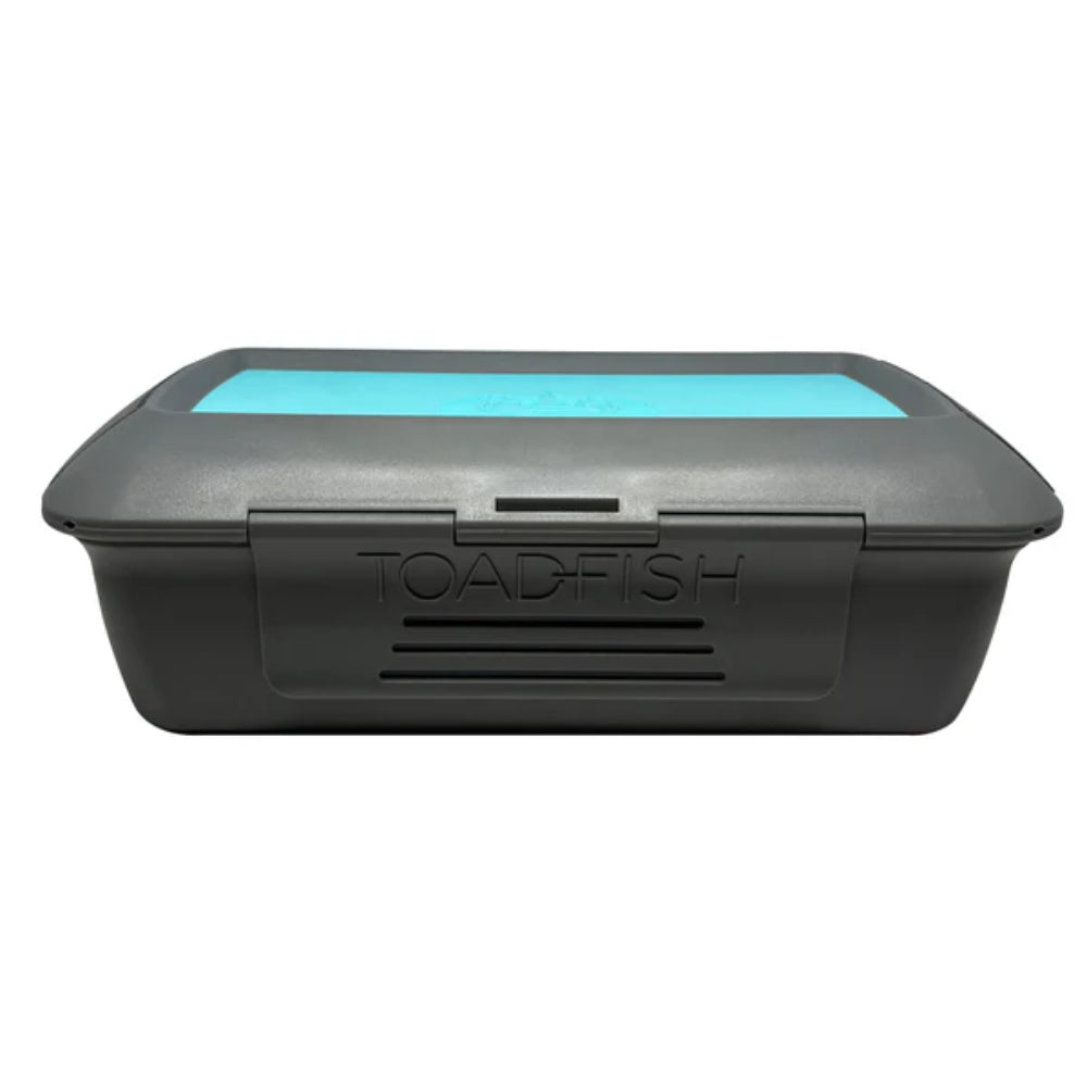 Turquoise and gray box on a white backround. 