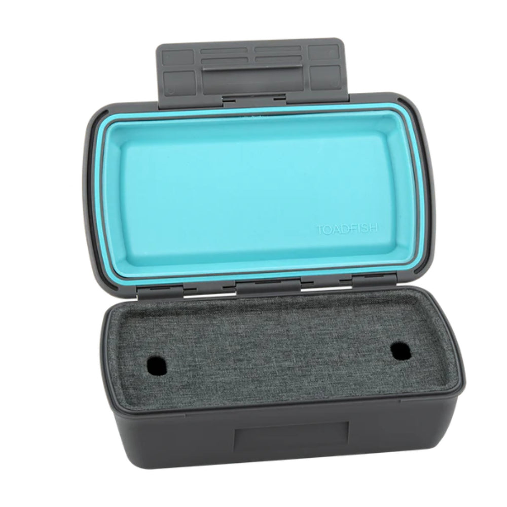 Opened turquoise and gray box on a white backround. 