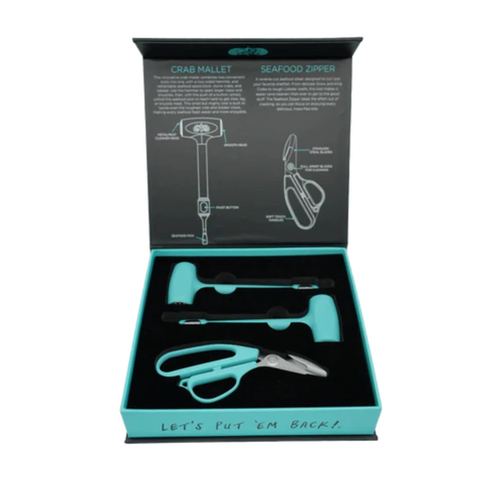 Crabshear tool set including a crab mallet and scissors in a black and teal box on a white background.