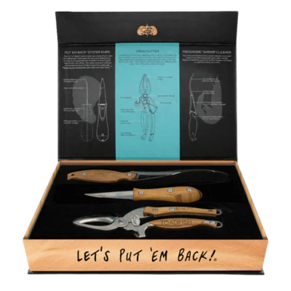 Set of kitchen knives and tools in a wooden box with 'Toadfish' branding.