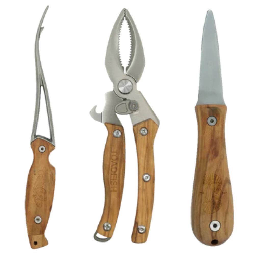 Set of three pruning tools with wooden handles on a white background