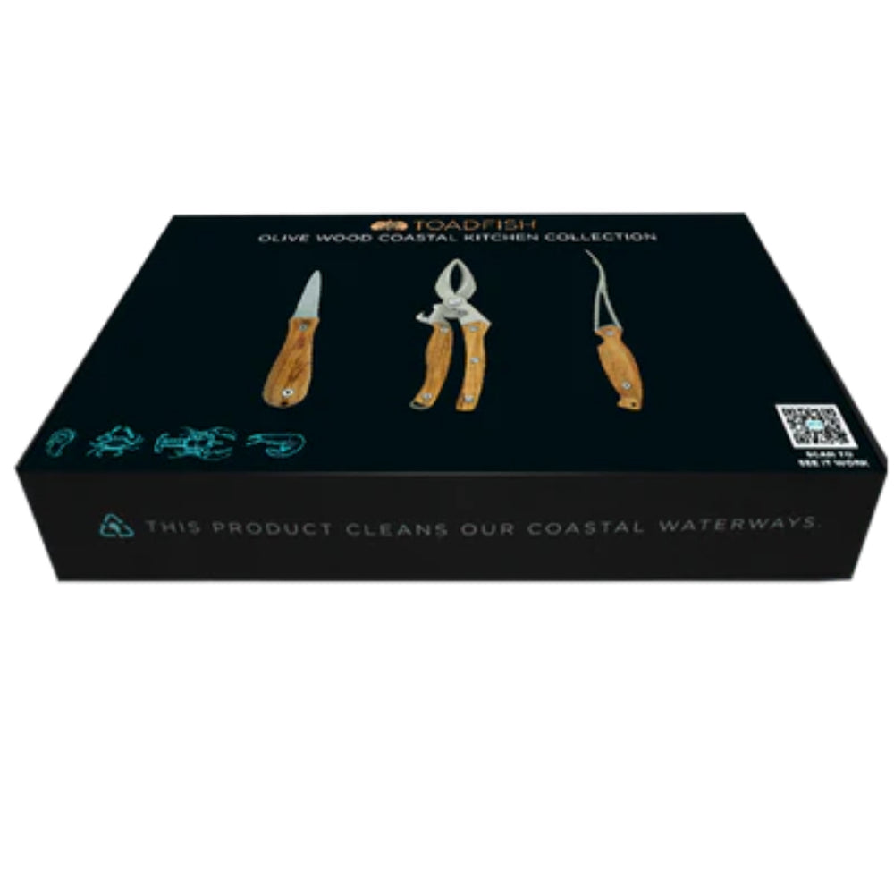 Box of Toadfish olive wood coastal kitchen collection with tools on a white background