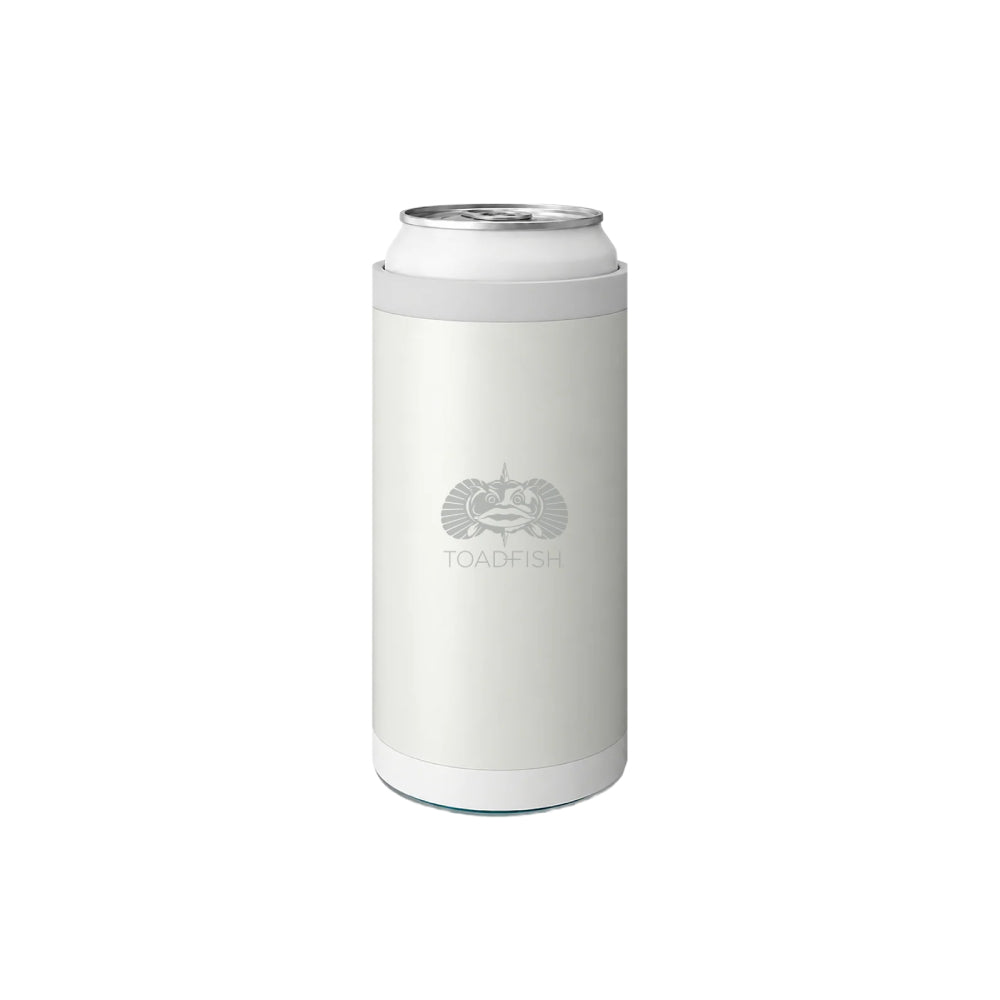 A white insulated can cooler sleeve holding a silver aluminum beverage can, shown on a plain white background. The sleeve features a gray printed Toadfish logo in the center.