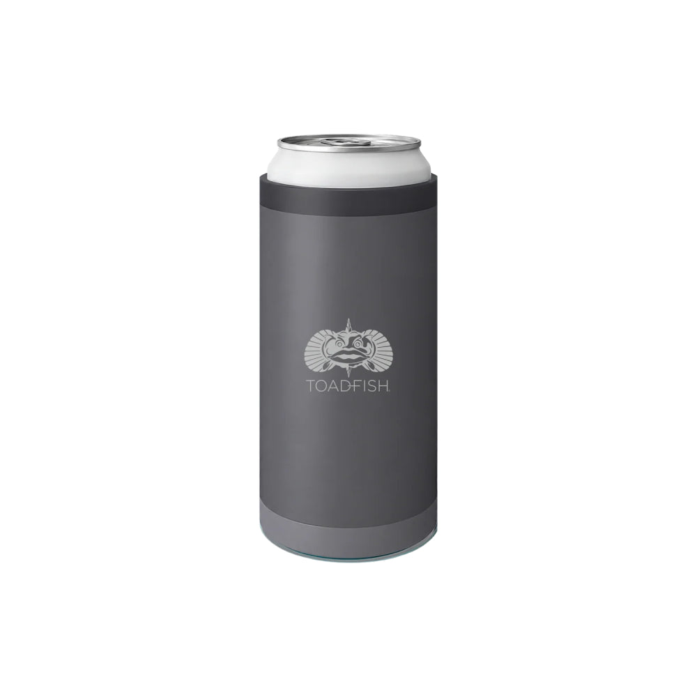 A dark gray insulated can cooler sleeve holding a silver aluminum can, featuring the white TOADFISH logo in the center, set against a plain white background.