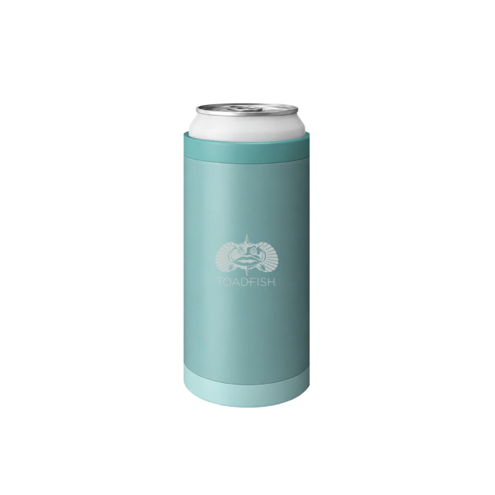 A mint green slim can cooler sleeve holding a silver aluminum beverage can, shown against a plain white background. The sleeve features a white printed logo of a fish with the brand name 'ROADFISH' underneath.