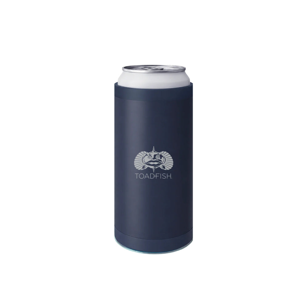 A navy insulated can cooler sleeve holding a silver aluminum beverage can, shown on a plain white background. The sleeve features a gray printed Toadfish logo in the center.
