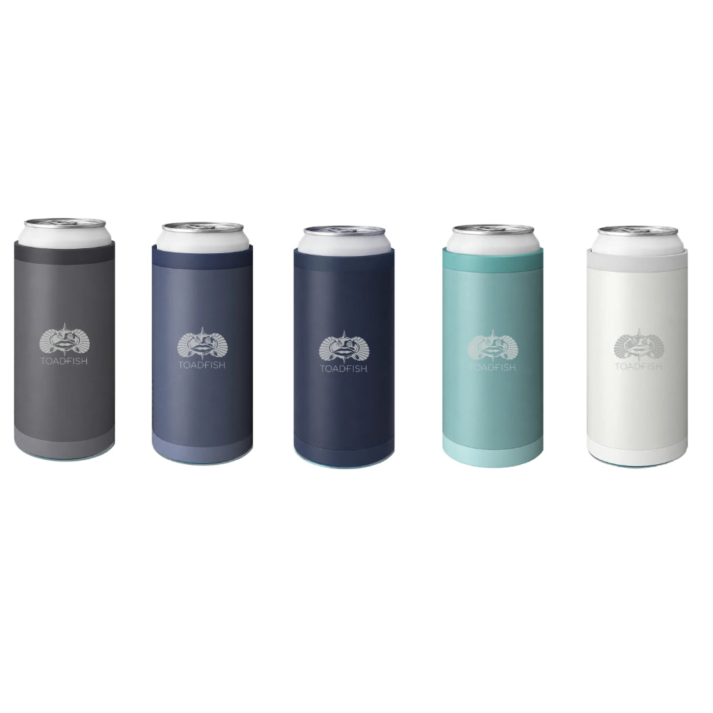 Five slim can-shaped beverage holders in different colors are lined up on a plain white background. The colors are dark gray, slate blue, navy blue, Teal, and white.