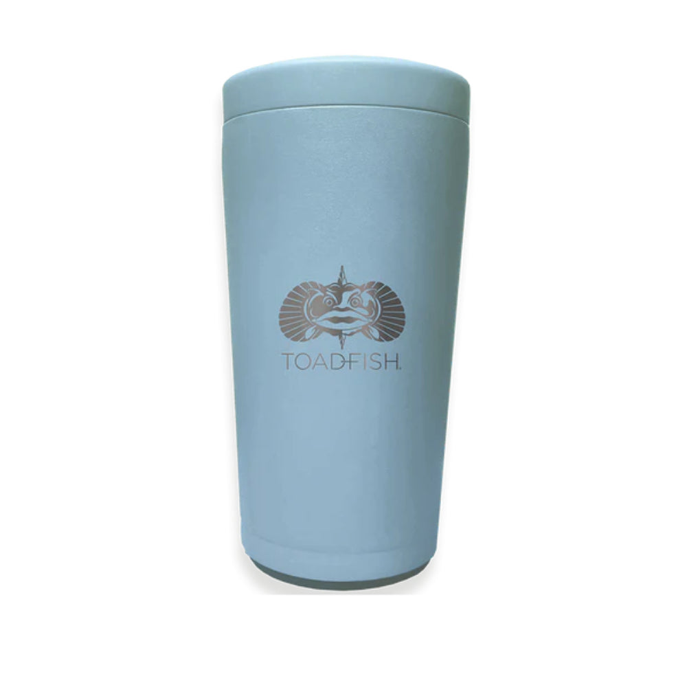 Sky blue stainless steel universal can cooler with 'TOADFISH' logo on a white background.