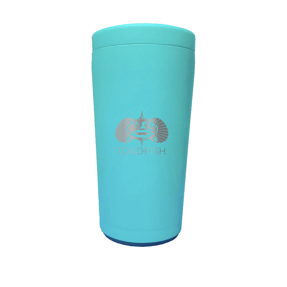 A teal blue stainless steel universal can cooler with a Toadfish logo on the front.