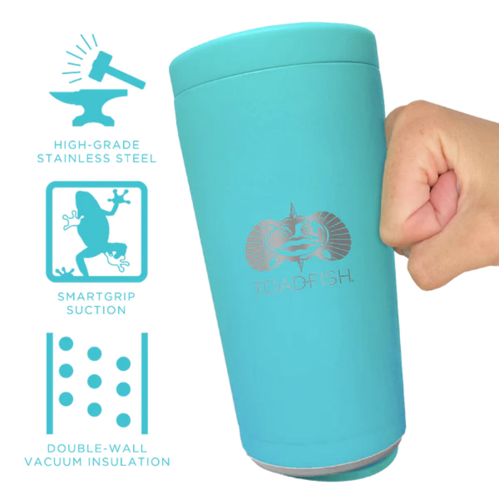 A teal blue stainless steel universal can cooler with a Toadfish logo on the front with product info on a white backround. 