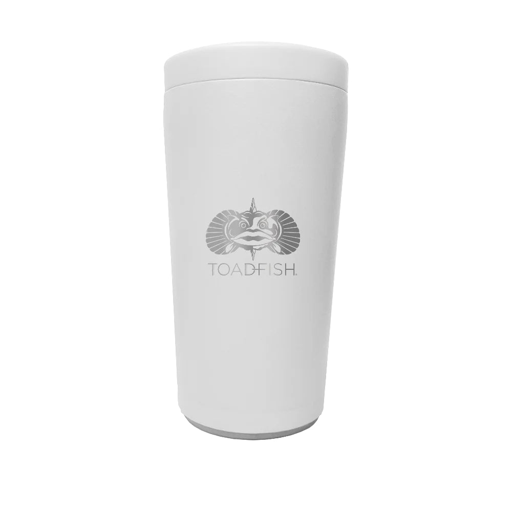 A white insulated travel tumbler with a matching lid, featuring a gray printed fish logo and the brand name 'TOADFISH.' on the front, set against a plain white background.