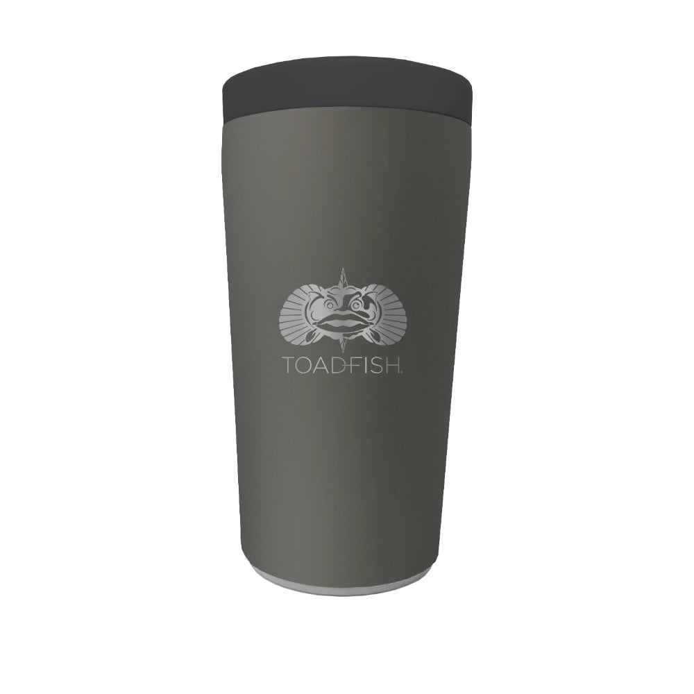 A graphite stainless steel universal can cooler with a Toadfish logo on the front.