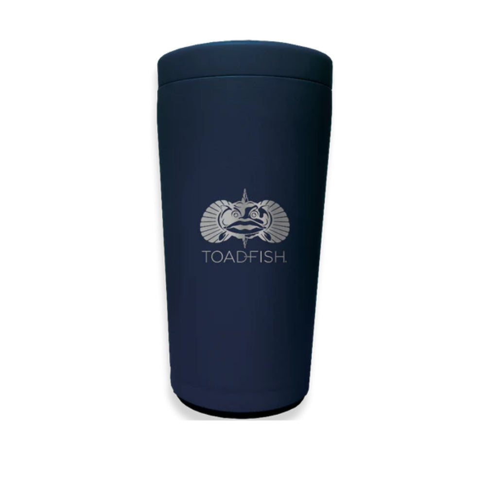 A navy blue stainless steel universal can cooler with a Toadfish logo on the front.