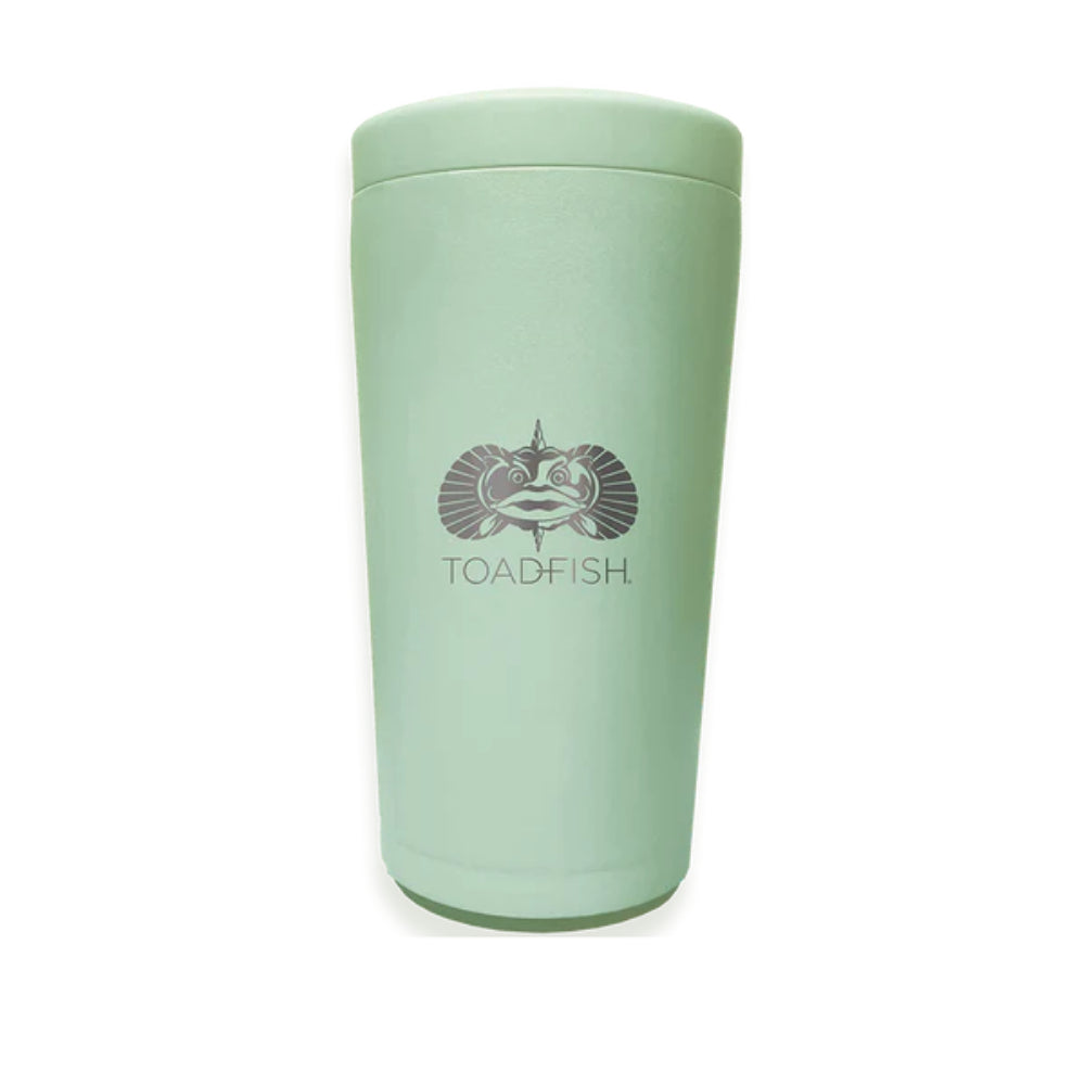 A seagrass green stainless steel universal can cooler with a Toadfish logo on the front.