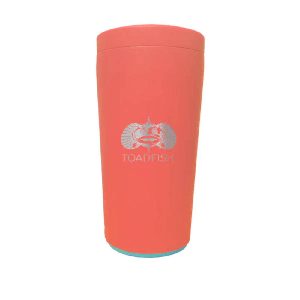 Coral (Orange) stainless steel universal can cooler  with 'TOADFISH' logo on a white background.