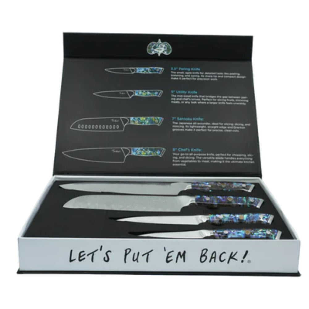Set of knives in a box with floral blade designs and text on a white background.