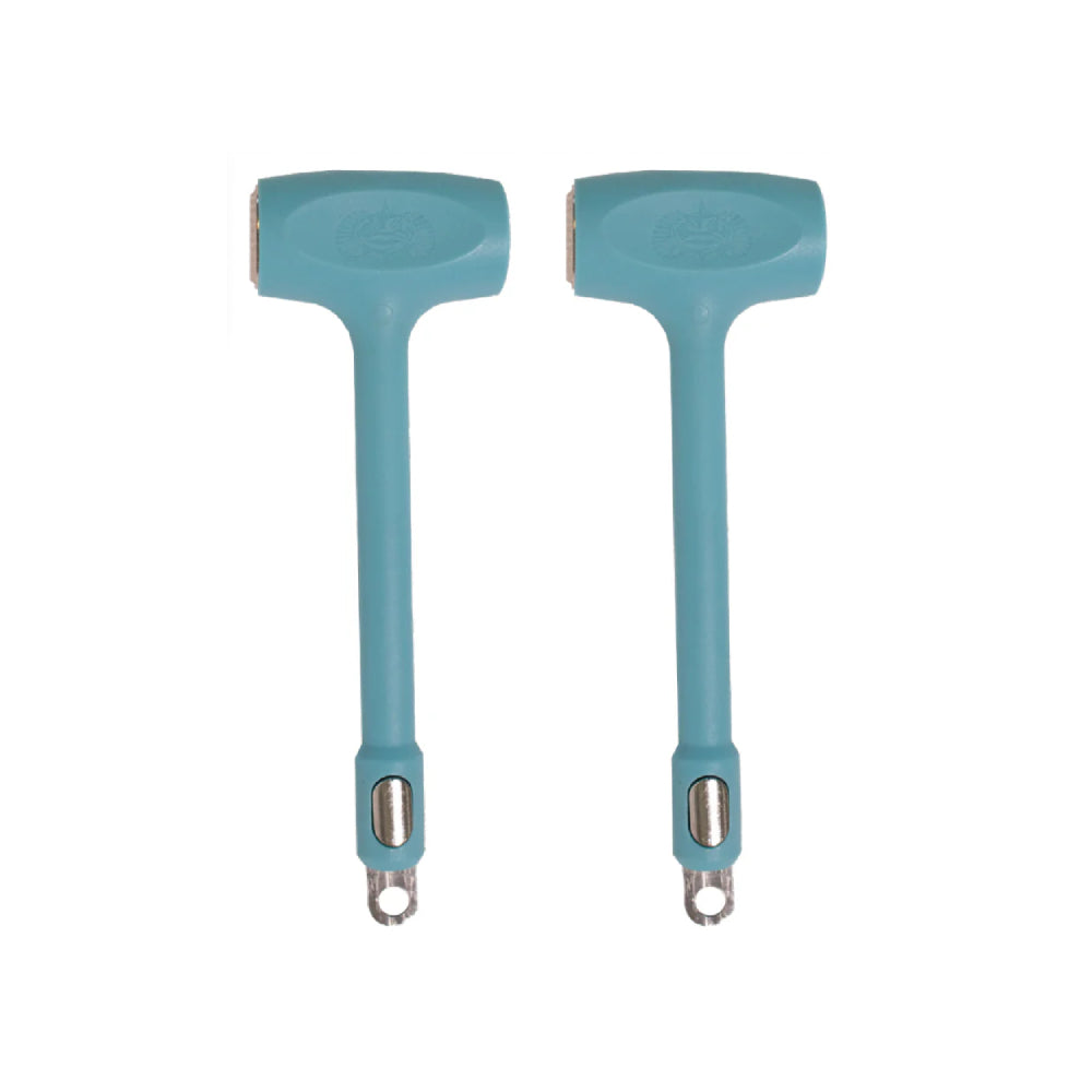 Two turquoise crab mallets on a white backround. 