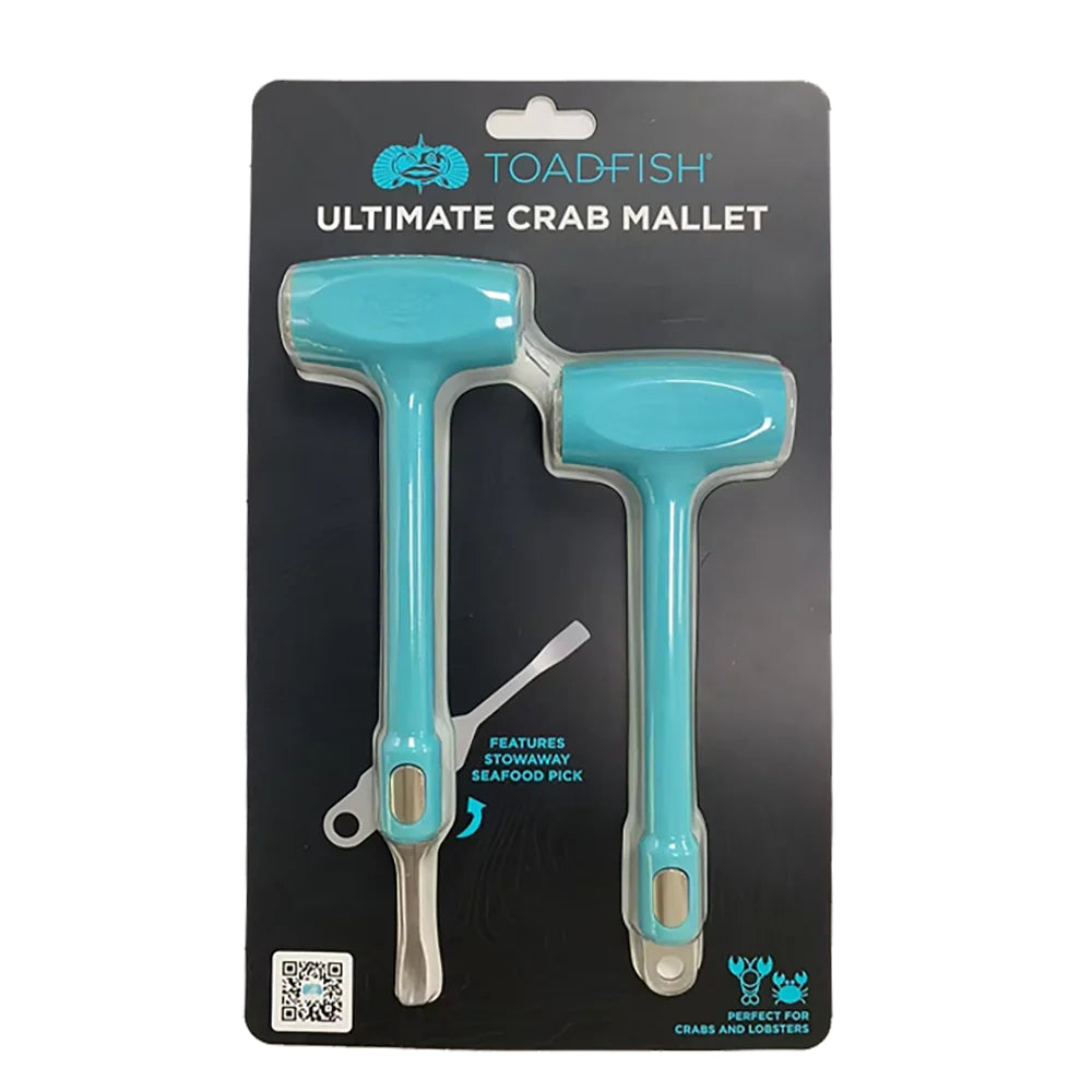 Turquoise crab mallets in black packaging with 'Toadfish' branding on a white backround. 
