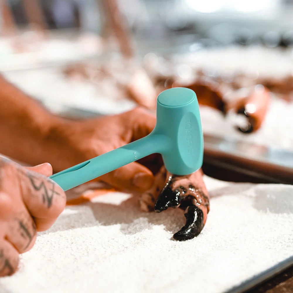 Person using a turquoise crab mallet on a crab claw with a blurred background.