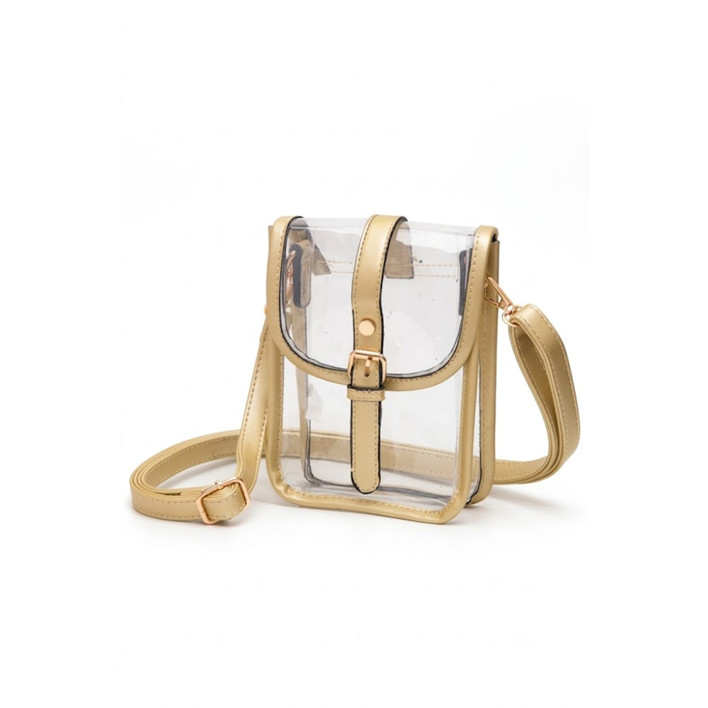 A clear plastic crossbody bag with tan faux-leather trim, a front flap pocket, and a matching adjustable shoulder strap, shown on a plain white background.