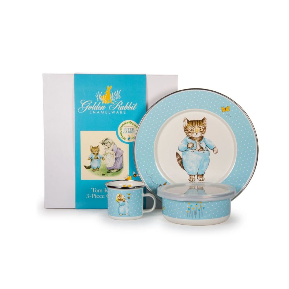 Children's 3-piece enamelware dinnerware set with Tom Kitten  illustration, including a plate, cup, and bowl, next to its packaging.
