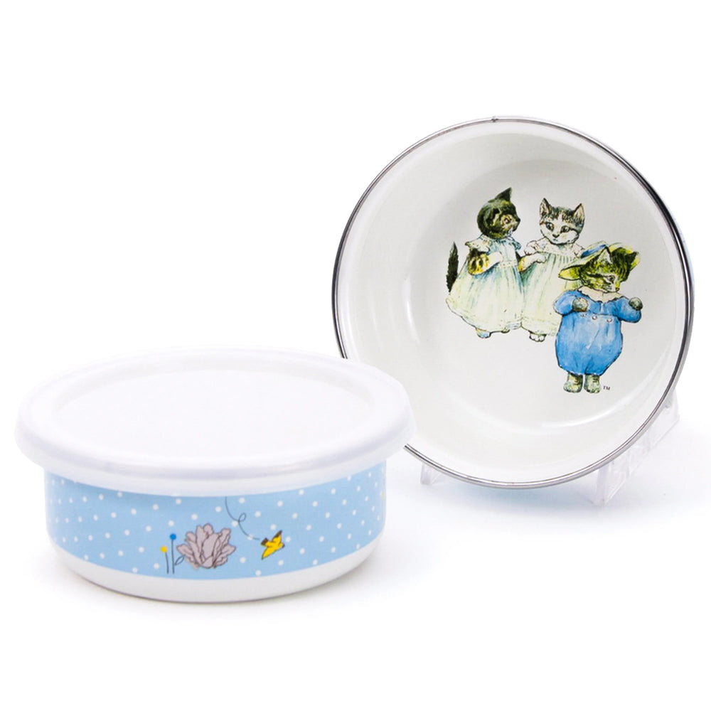 Blue and white Tom Kitten enamelware set bowls with a kittens in dresses.