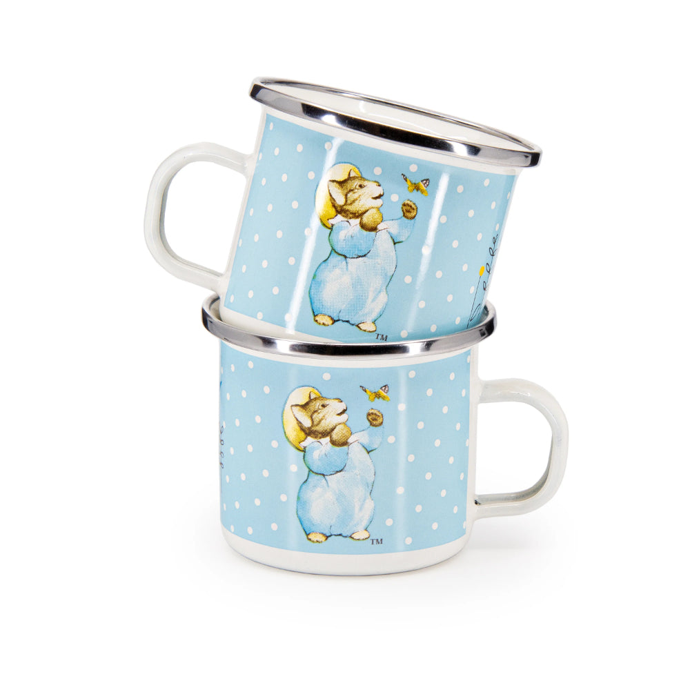 Blue and white Tom Kitten enamelware set mugs with a kitten.