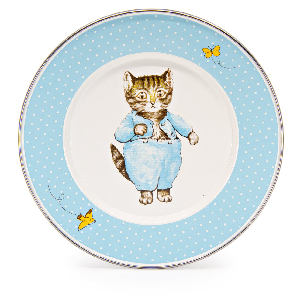 Blue and white Tom Kitten enamelware set plate with a kitten in a blue suit.