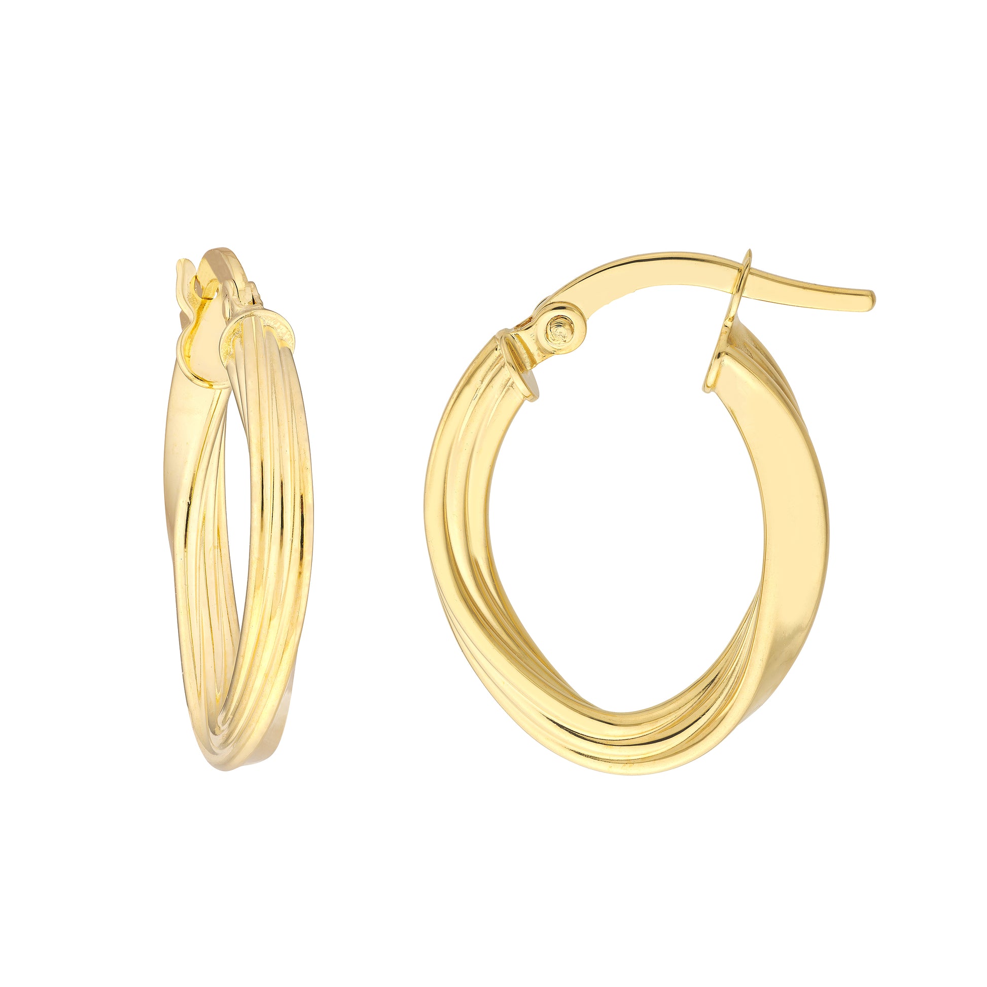 gold tone oval twisted hoop earrings on white background