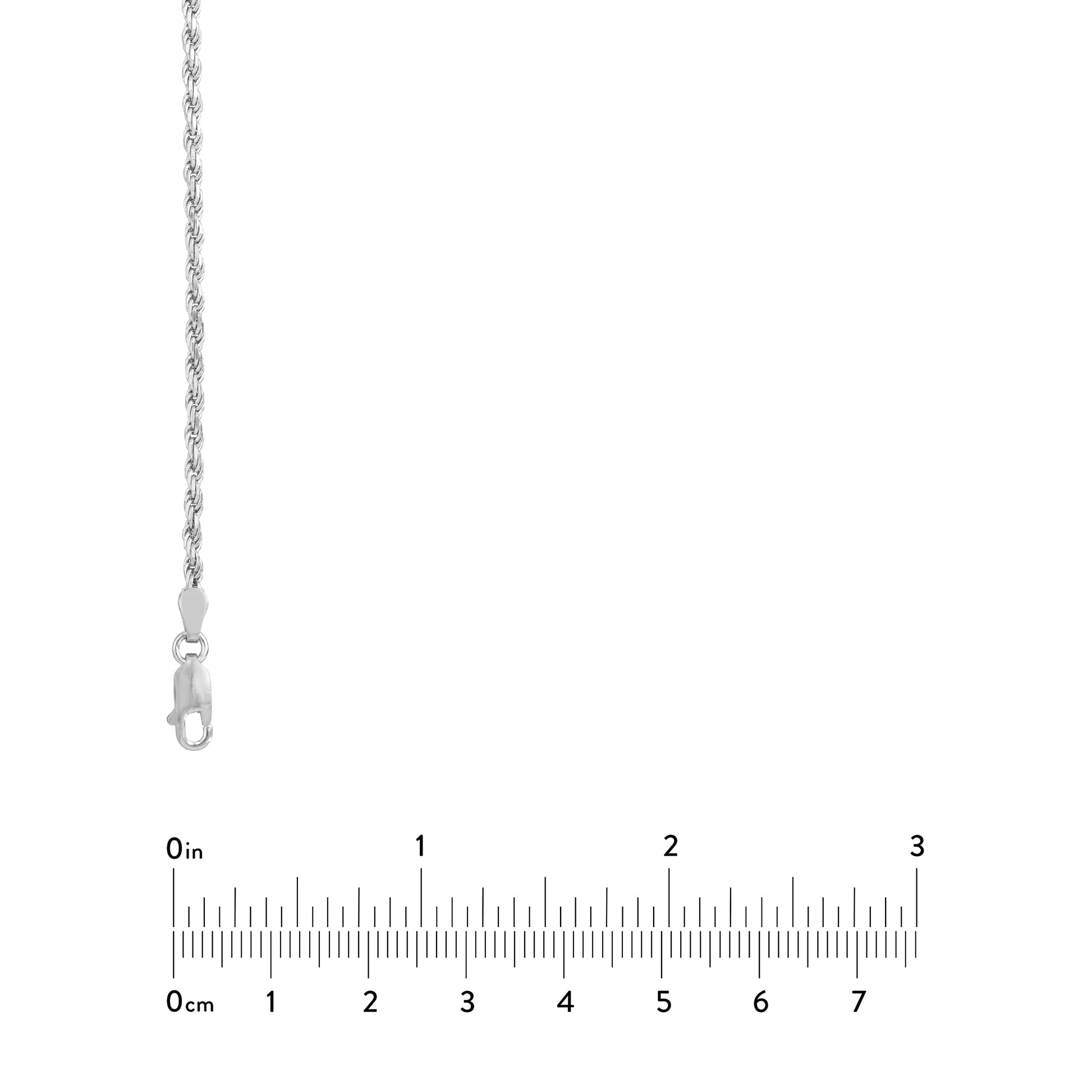 Silver chain necklace with a ruler for scale on a white background