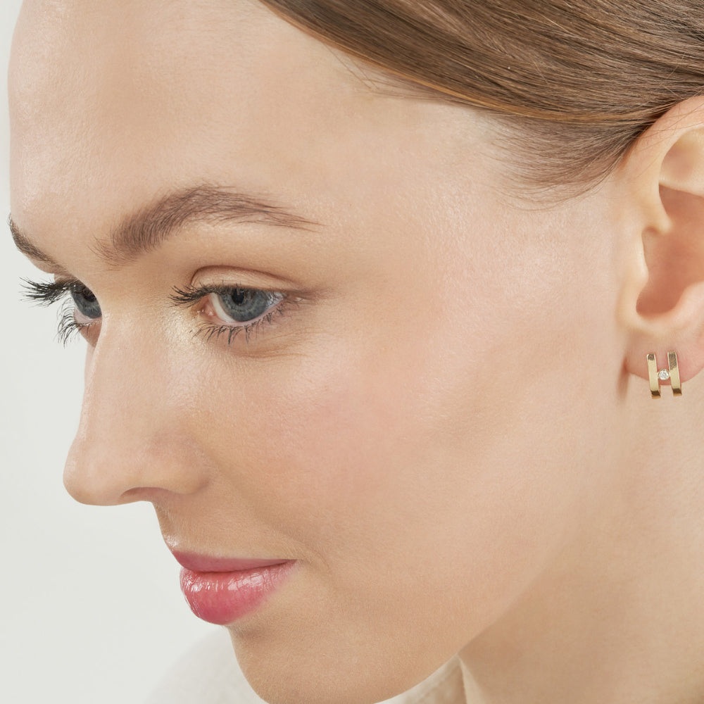 14k Diamond Bezel J-Huggie Earrings