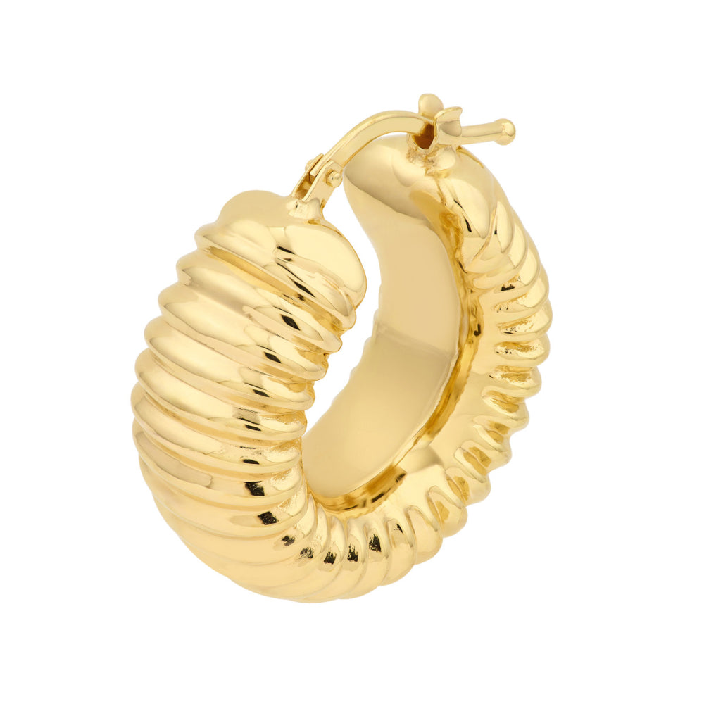 14k Gold Puff Ribbed Hoop Earrings