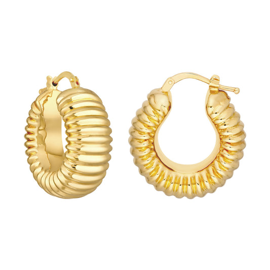 14k Gold Puff Ribbed Hoop Earrings